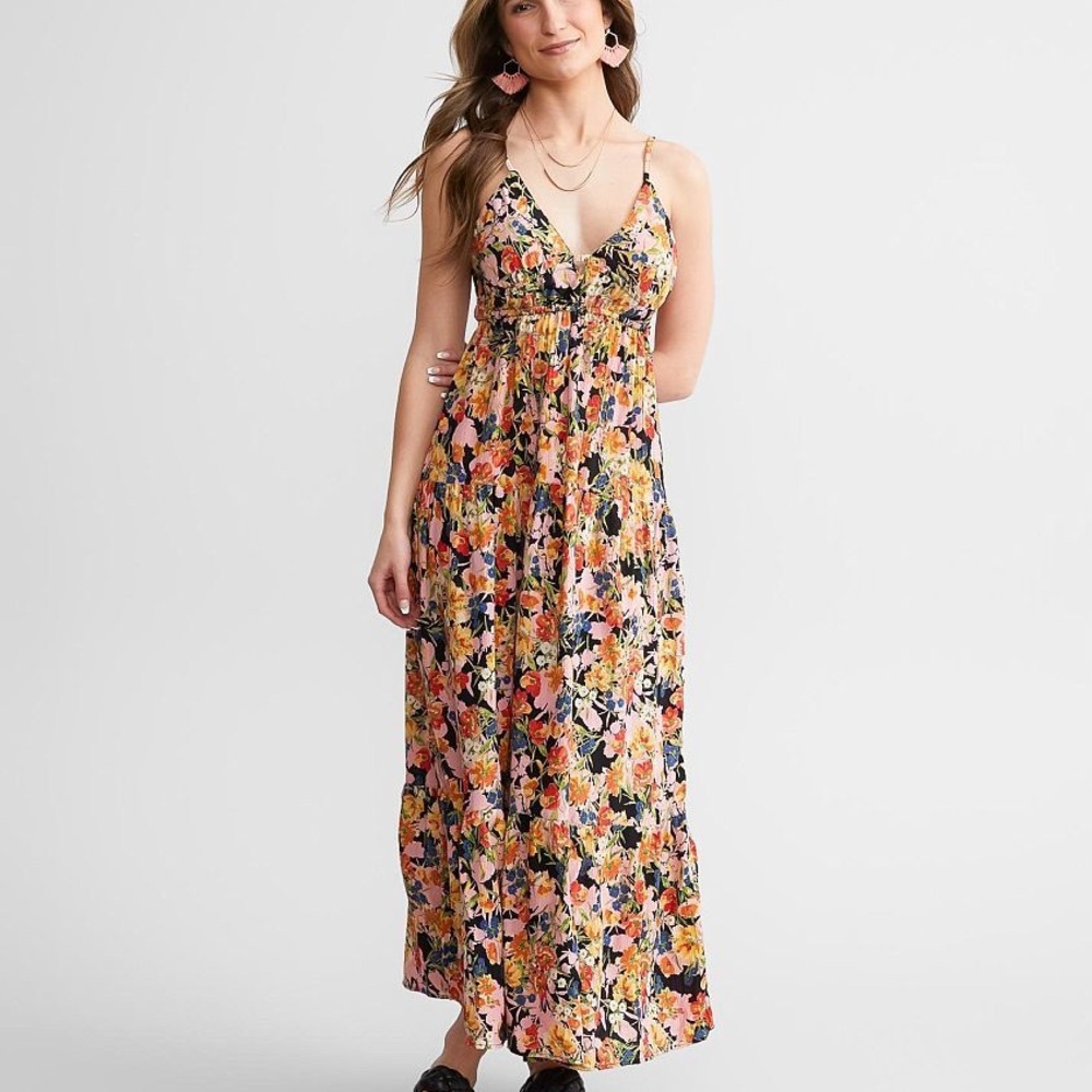 Angie Floral Black Multi Color Smocked Maxi Dress - Open Tie Back - Flowy